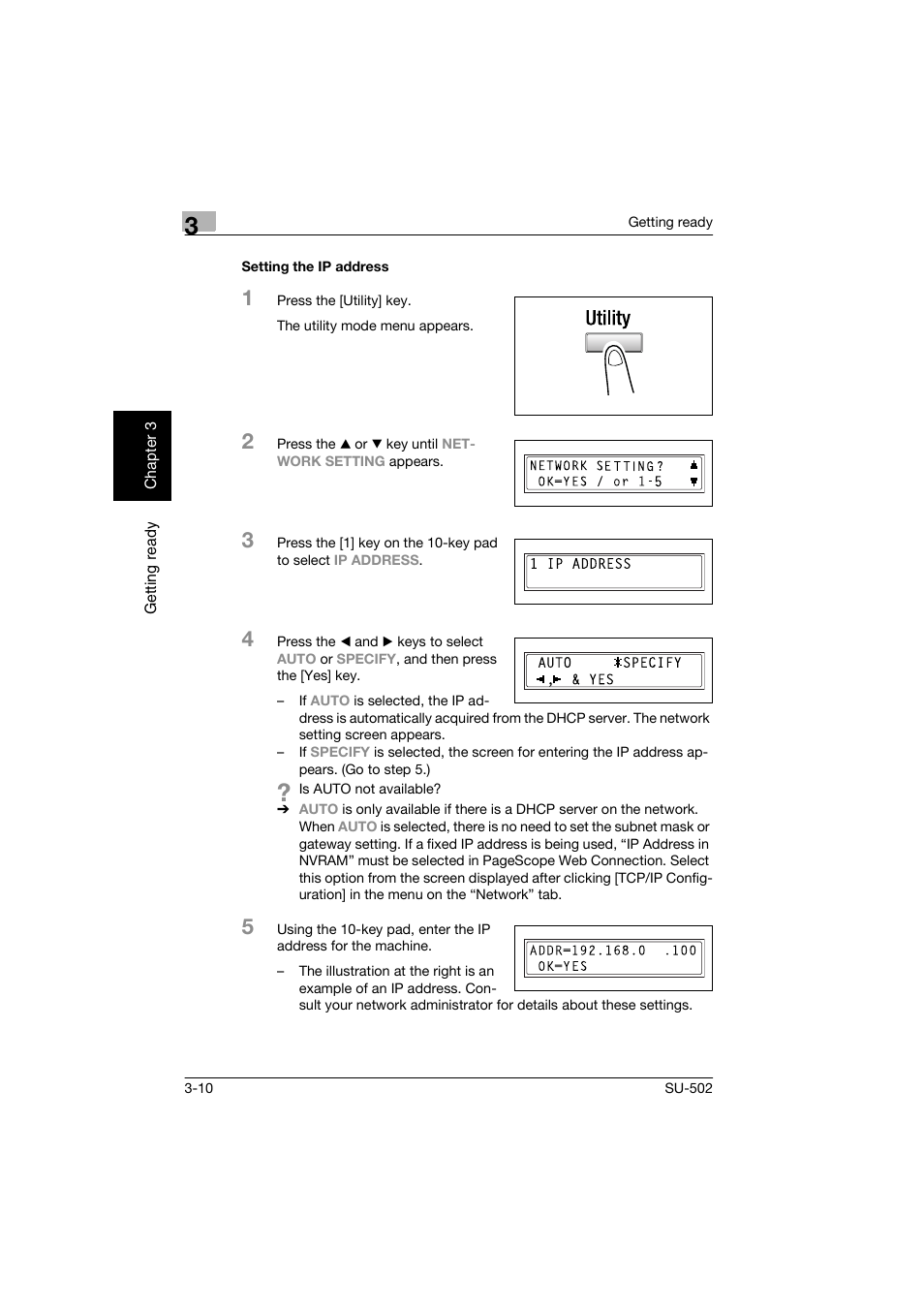 Setting the ip address, Setting the ip address -10 | Konica Minolta bizhub 160 User Manual | Page 41 / 156