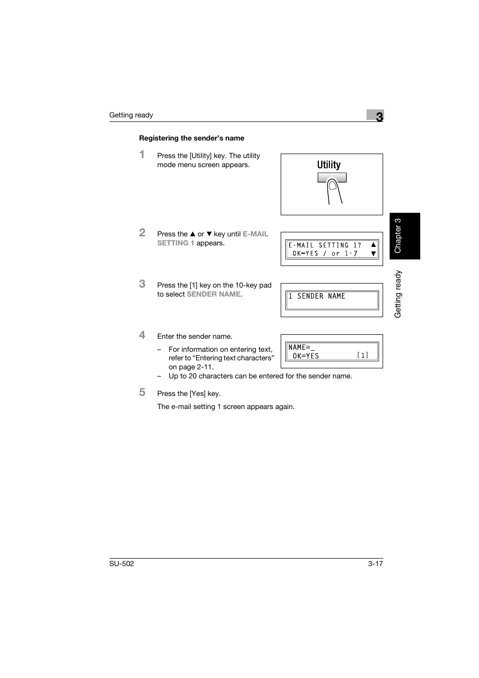 Registering the sender’s name, Registering the sender’s name -17 | Konica Minolta bizhub 160 User Manual | Page 48 / 156