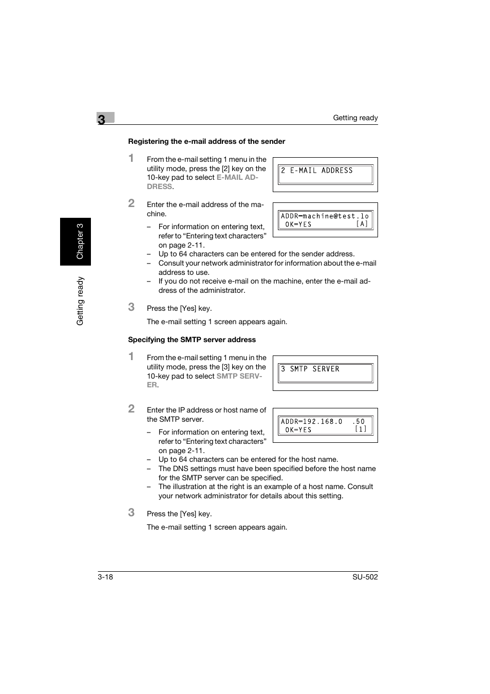 Registering the e-mail address of the sender, Specifying the smtp server address | Konica Minolta bizhub 160 User Manual | Page 49 / 156