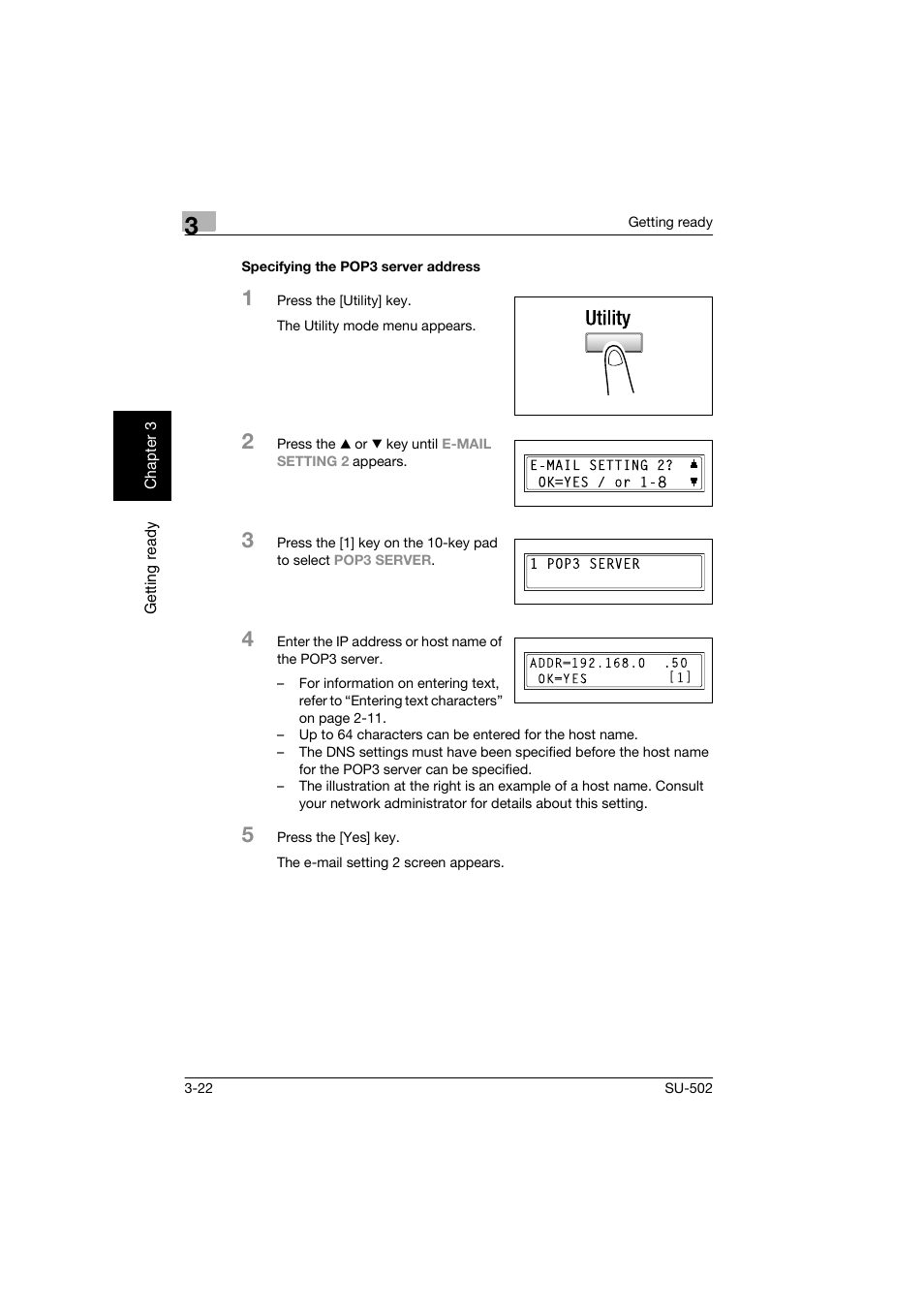 Specifying the pop3 server address, Specifying the pop3 server address -22 | Konica Minolta bizhub 160 User Manual | Page 53 / 156