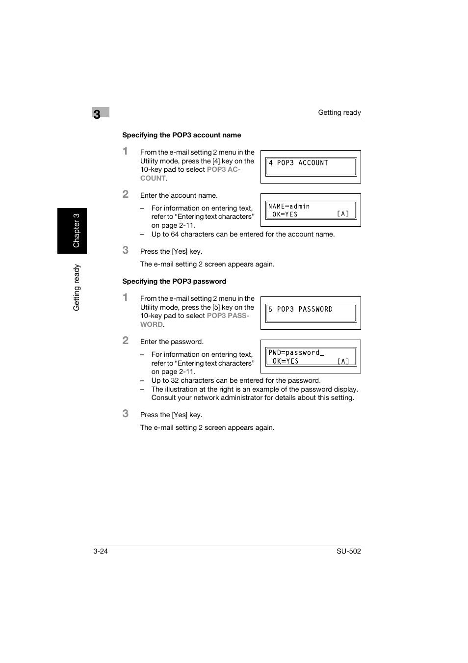 Specifying the pop3 account name, Specifying the pop3 password | Konica Minolta bizhub 160 User Manual | Page 55 / 156