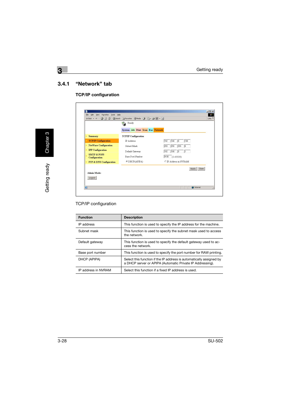 1 “network” tab, Tcp/ip configuration, Network” tab -28 tcp/ip configuration -28 | Konica Minolta bizhub 160 User Manual | Page 59 / 156