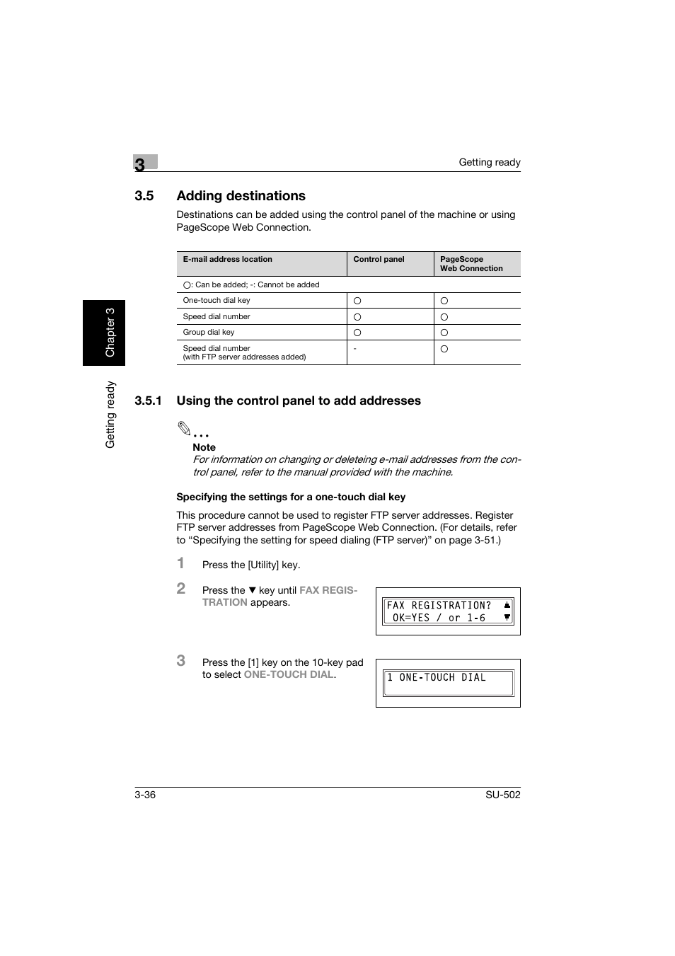 5 adding destinations, 1 using the control panel to add addresses, Specifying the settings for a one-touch dial key | Adding destinations -36 | Konica Minolta bizhub 160 User Manual | Page 67 / 156