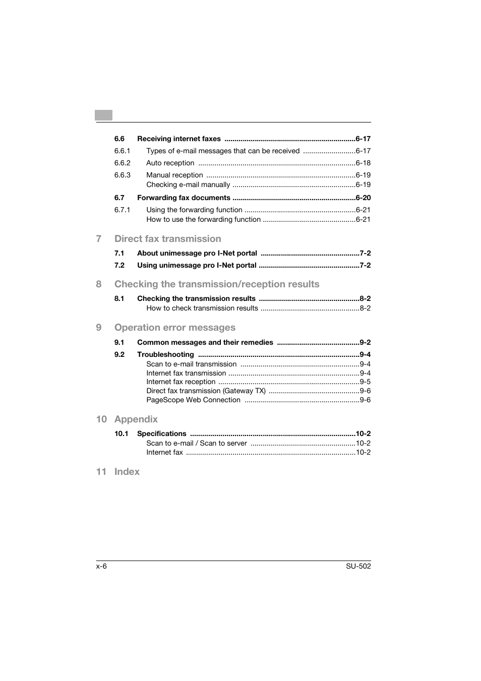 7direct fax transmission, 8checking the transmission/reception results, 9operation error messages | 10 appendix, 11 index | Konica Minolta bizhub 160 User Manual | Page 7 / 156