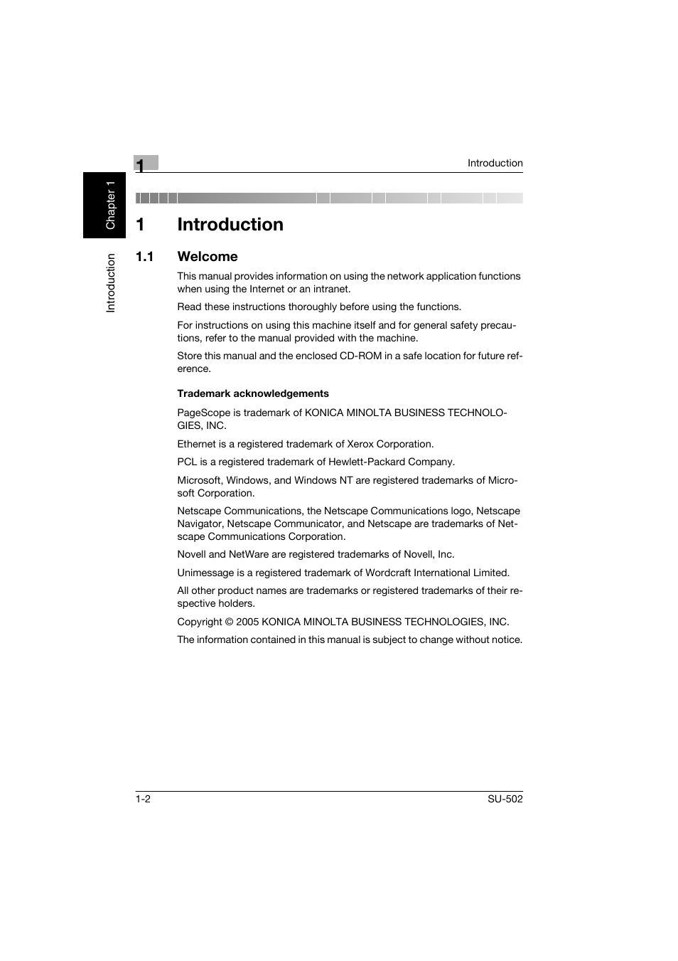 1 introduction, 1 welcome, Trademark acknowledgements | Introduction, Welcome -2, Trademark acknowledgements -2, 1introduction | Konica Minolta bizhub 160 User Manual | Page 9 / 156