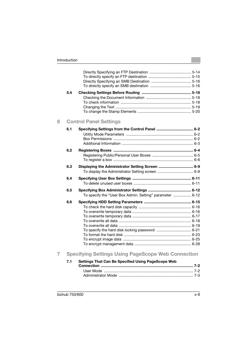 6control panel settings | Konica Minolta bizhub 750 User Manual | Page 10 / 218