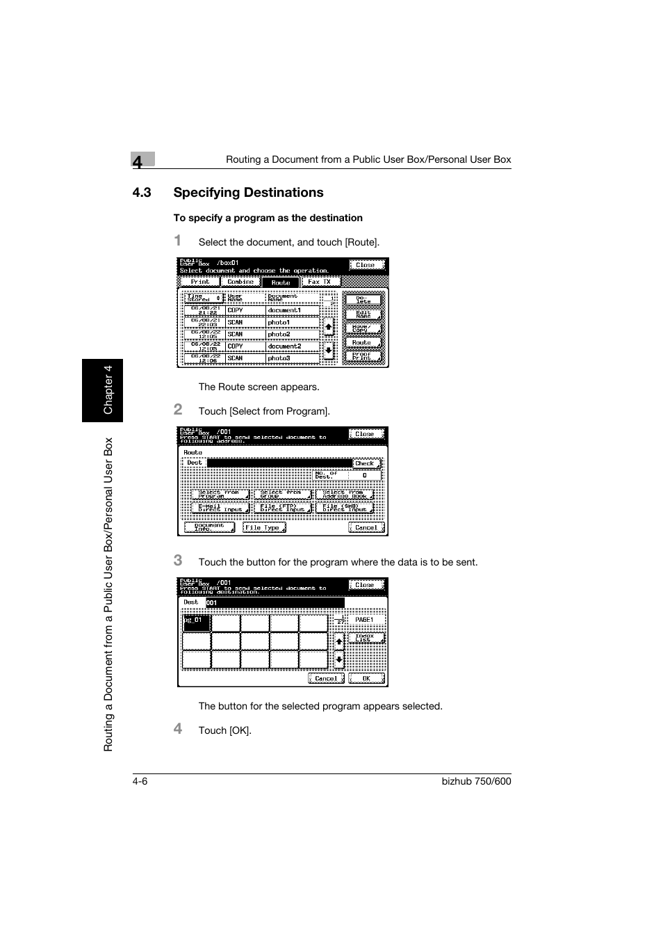 3 specifying destinations, To specify a program as the destination, Specifying destinations -6 | To specify a program as the destination -6, P. 4-6 | Konica Minolta bizhub 750 User Manual | Page 105 / 218
