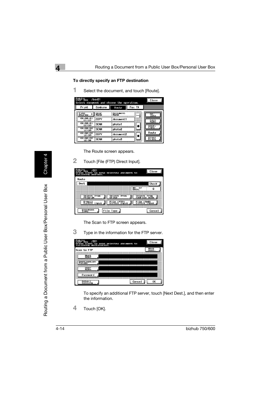 To directly specify an ftp destination, To directly specify an ftp destination -14, P. 4-14 | Konica Minolta bizhub 750 User Manual | Page 113 / 218