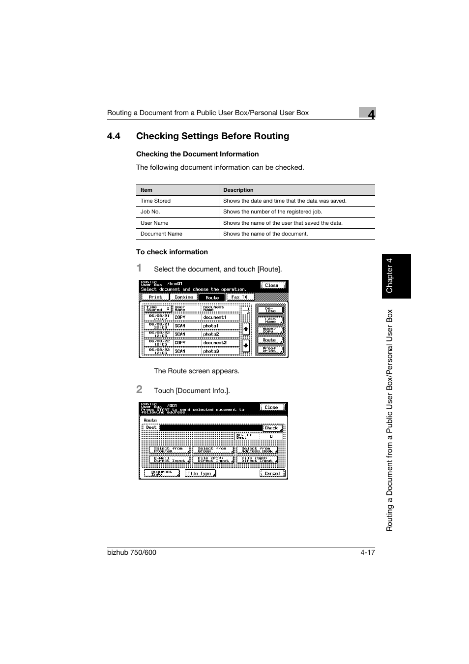 4 checking settings before routing, Checking the document information, To check information | Checking settings before routing -17 | Konica Minolta bizhub 750 User Manual | Page 116 / 218
