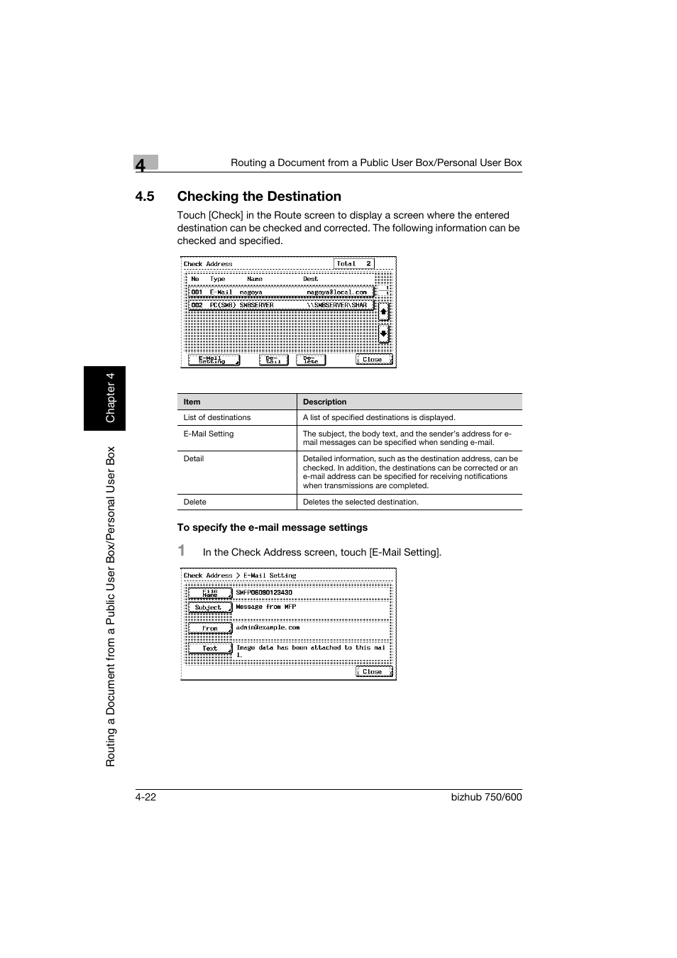 5 checking the destination, To specify the e-mail message settings, Checking the destination -22 | To specify the e-mail message settings -22 | Konica Minolta bizhub 750 User Manual | Page 121 / 218