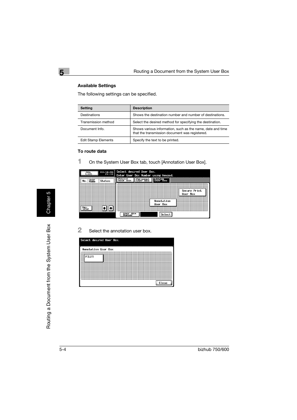 Available settings, To route data, Available settings -4 to route data -4 | Konica Minolta bizhub 750 User Manual | Page 129 / 218