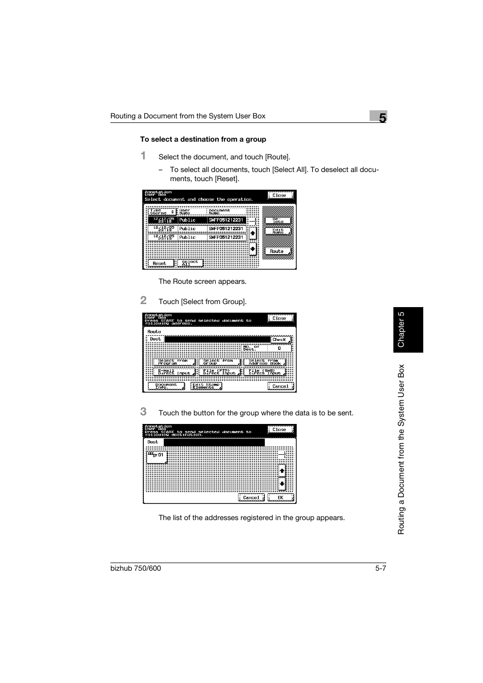 To select a destination from a group, To select a destination from a group -7, P. 5-7 | Konica Minolta bizhub 750 User Manual | Page 132 / 218