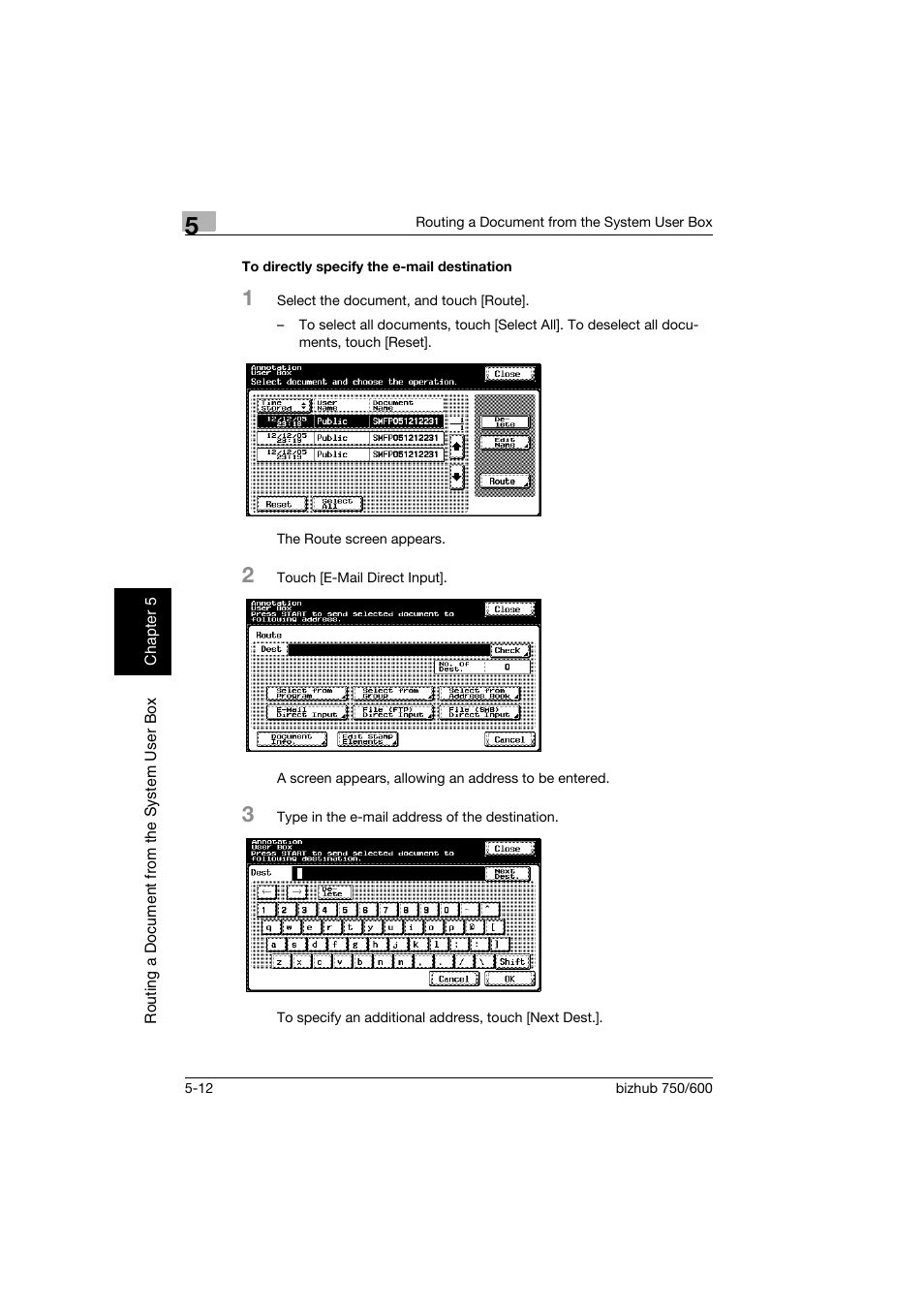 To directly specify the e-mail destination, To directly specify the e-mail destination -12, P. 5-12 | Konica Minolta bizhub 750 User Manual | Page 137 / 218