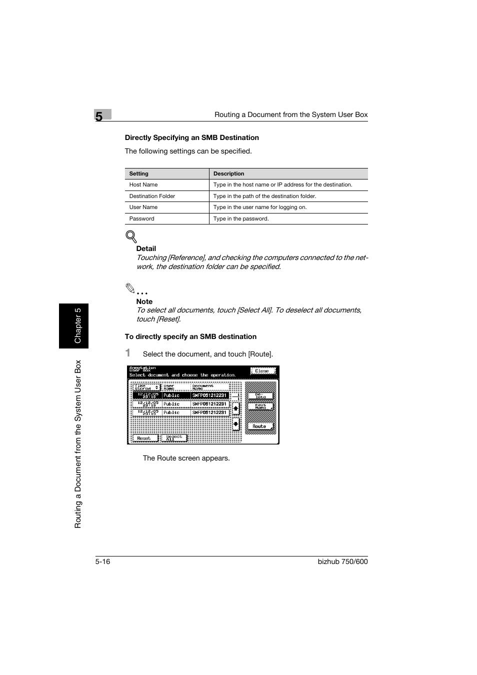 Directly specifying an smb destination, To directly specify an smb destination, P. 5-16 | Konica Minolta bizhub 750 User Manual | Page 141 / 218