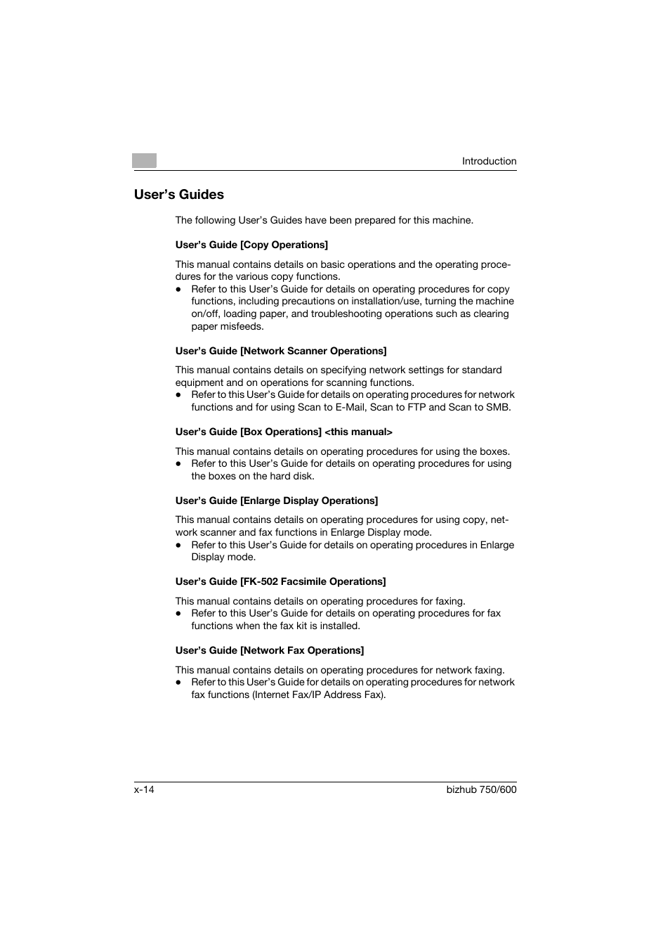 User’s guides, User’s guide [copy operations, User’s guide [network scanner operations | User’s guide [box operations] <this manual, User’s guide [enlarge display operations, User’s guide [fk-502 facsimile operations, User’s guide [network fax operations | Konica Minolta bizhub 750 User Manual | Page 15 / 218