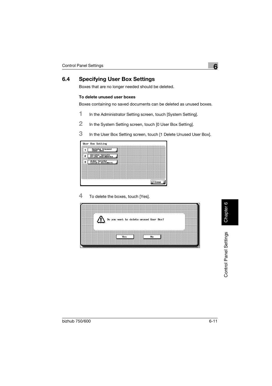 4 specifying user box settings, To delete unused user boxes, Specifying user box settings -11 | To delete unused user boxes -11, P. 6-11 | Konica Minolta bizhub 750 User Manual | Page 158 / 218