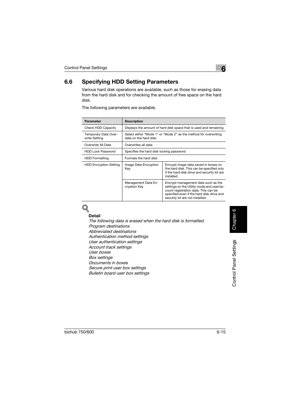 6 specifying hdd setting parameters, Specifying hdd setting parameters -15, P. 6-15 | Konica Minolta bizhub 750 User Manual | Page 162 / 218