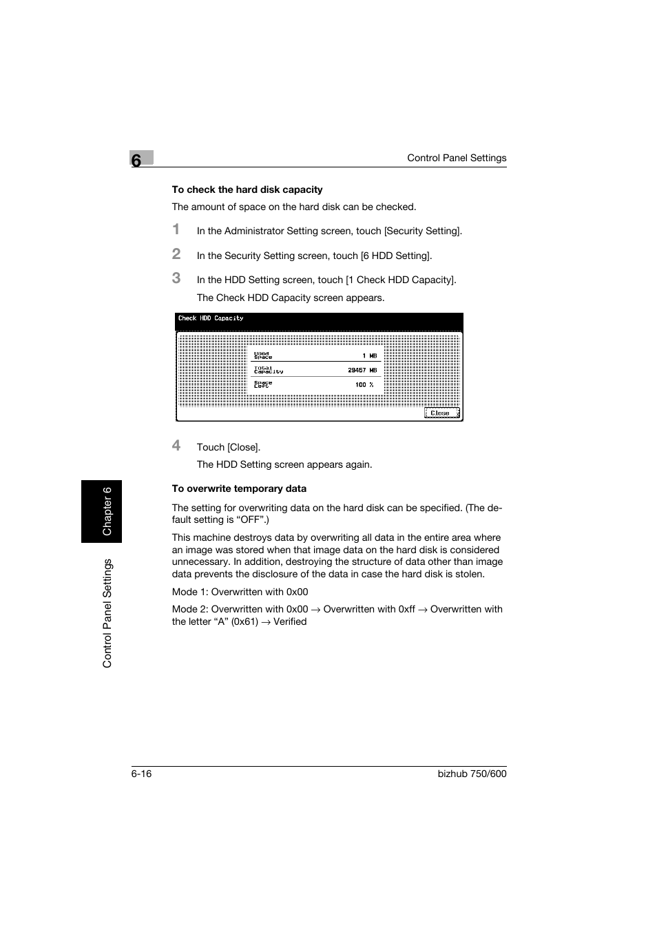 To check the hard disk capacity, To overwrite temporary data | Konica Minolta bizhub 750 User Manual | Page 163 / 218