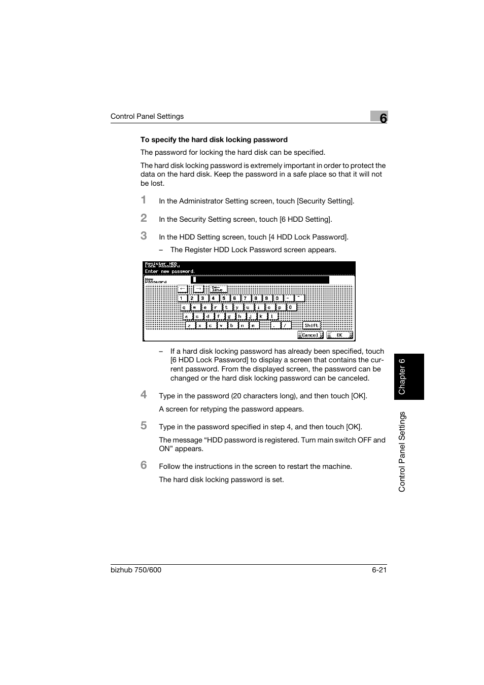 To specify the hard disk locking password, To specify the hard disk locking password -21 | Konica Minolta bizhub 750 User Manual | Page 168 / 218