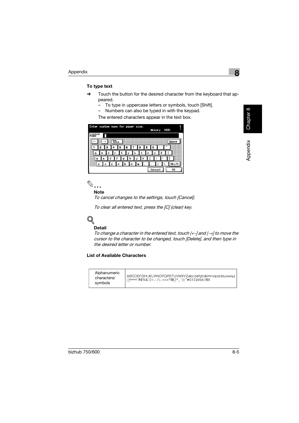 To type text, List of available characters, To type text -5 list of available characters -5 | Konica Minolta bizhub 750 User Manual | Page 210 / 218