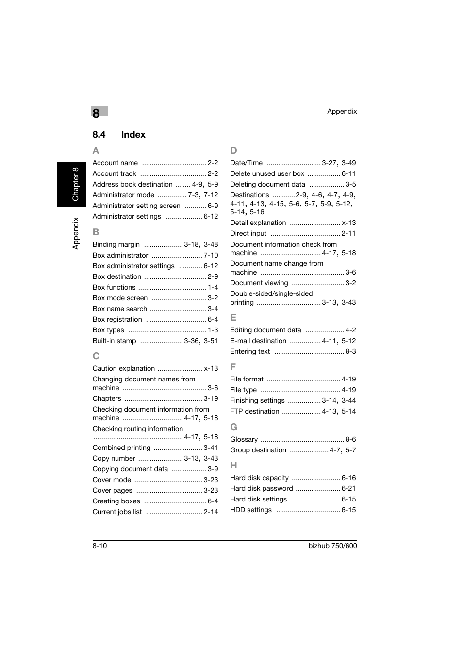 4 index, A to h, Index -10 | Konica Minolta bizhub 750 User Manual | Page 215 / 218