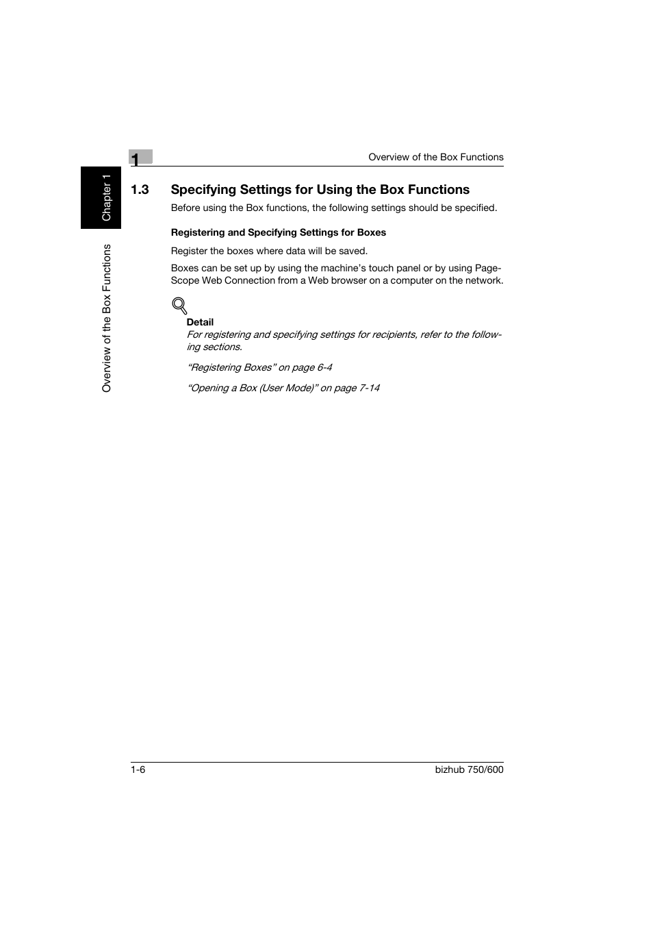 3 specifying settings for using the box functions, Registering and specifying settings for boxes, Specifying settings for using the box functions -6 | Registering and specifying settings for boxes -6 | Konica Minolta bizhub 750 User Manual | Page 23 / 218