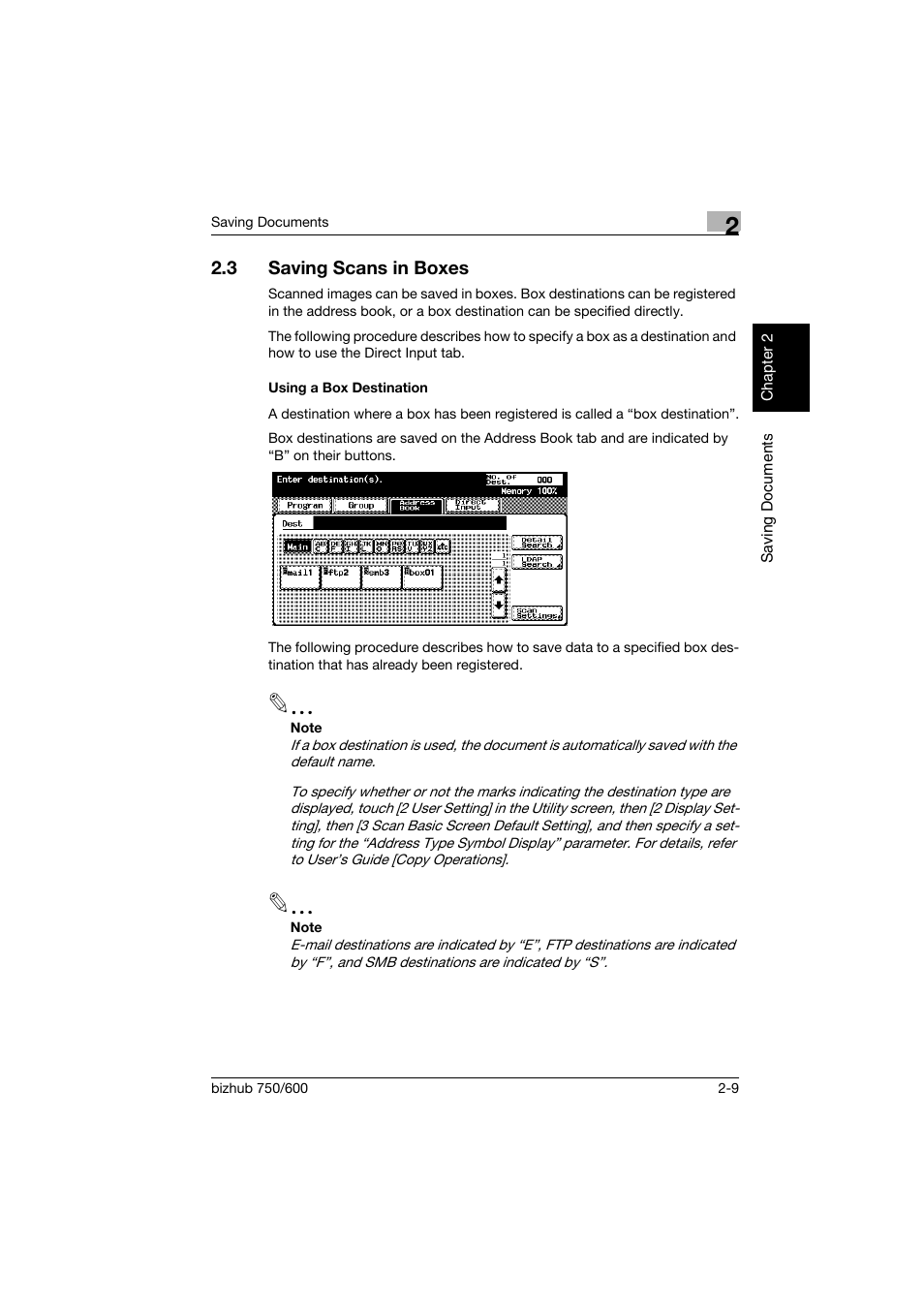3 saving scans in boxes, Using a box destination, Saving scans in boxes -9 | Using a box destination -9 | Konica Minolta bizhub 750 User Manual | Page 32 / 218