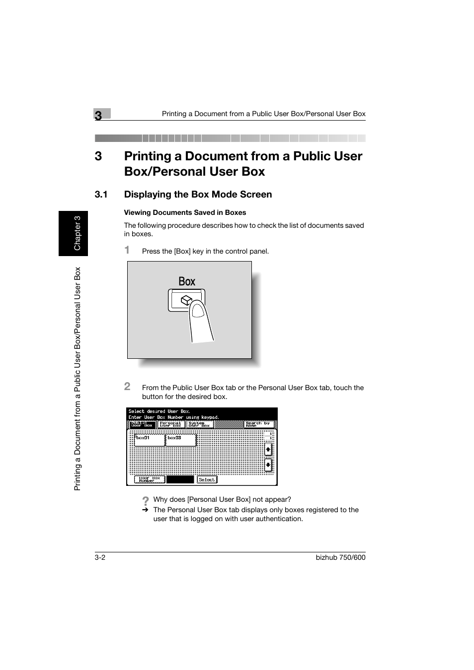 1 displaying the box mode screen, Viewing documents saved in boxes, Displaying the box mode screen -2 | Viewing documents saved in boxes -2 | Konica Minolta bizhub 750 User Manual | Page 41 / 218