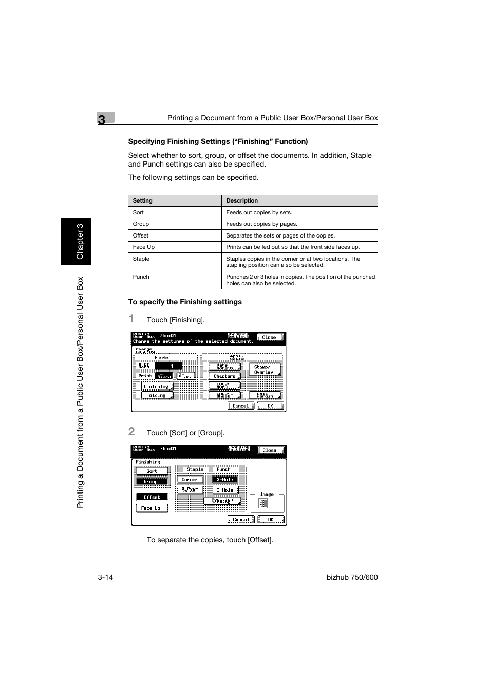 To specify the finishing settings, P. 3-14 | Konica Minolta bizhub 750 User Manual | Page 53 / 218