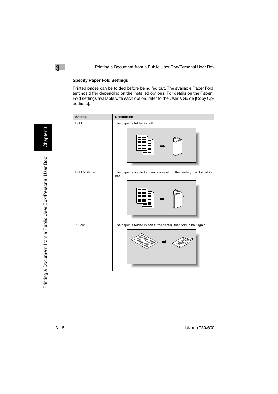 Specify paper fold settings, Specify paper fold settings -16, P. 3-16 | Konica Minolta bizhub 750 User Manual | Page 55 / 218