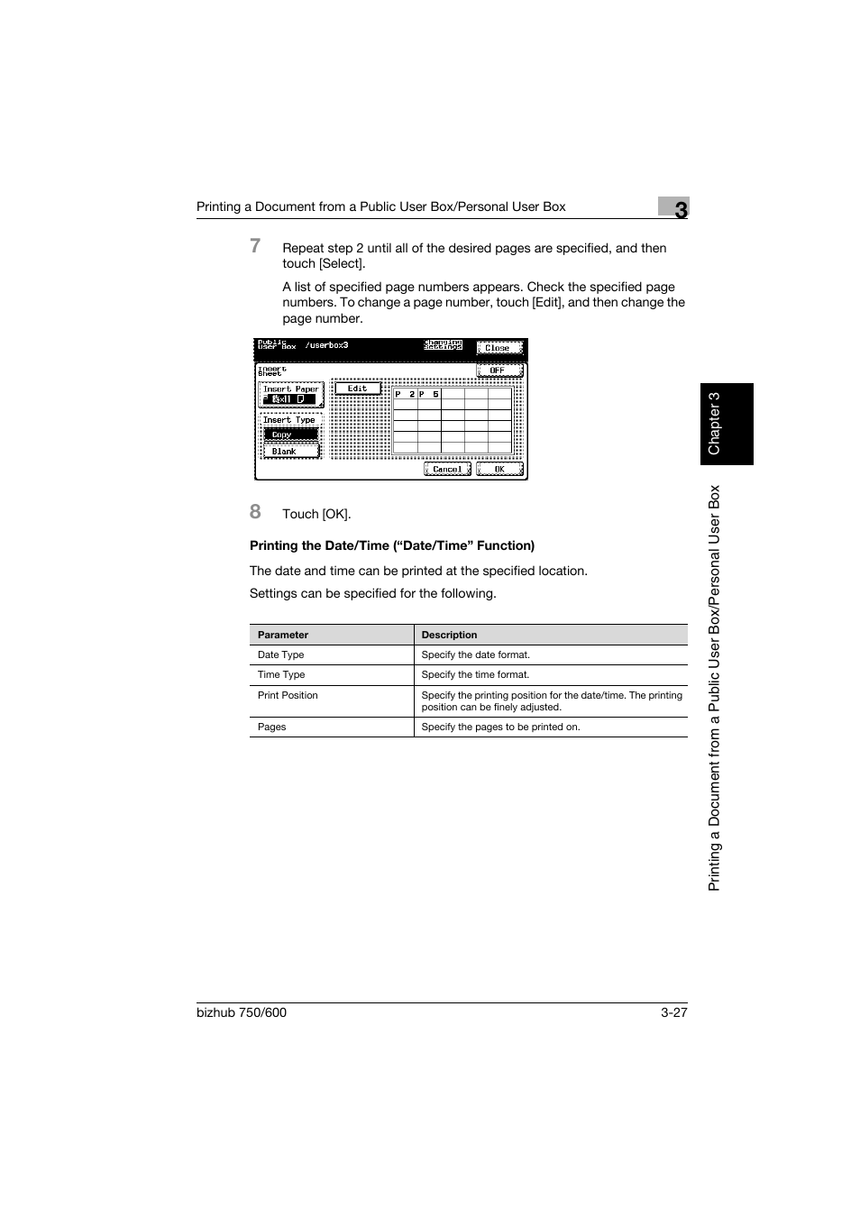 Printing the date/time (“date/time” function), Printing the date/time (“date/time” function) -27, P. 3-27, p | Konica Minolta bizhub 750 User Manual | Page 66 / 218