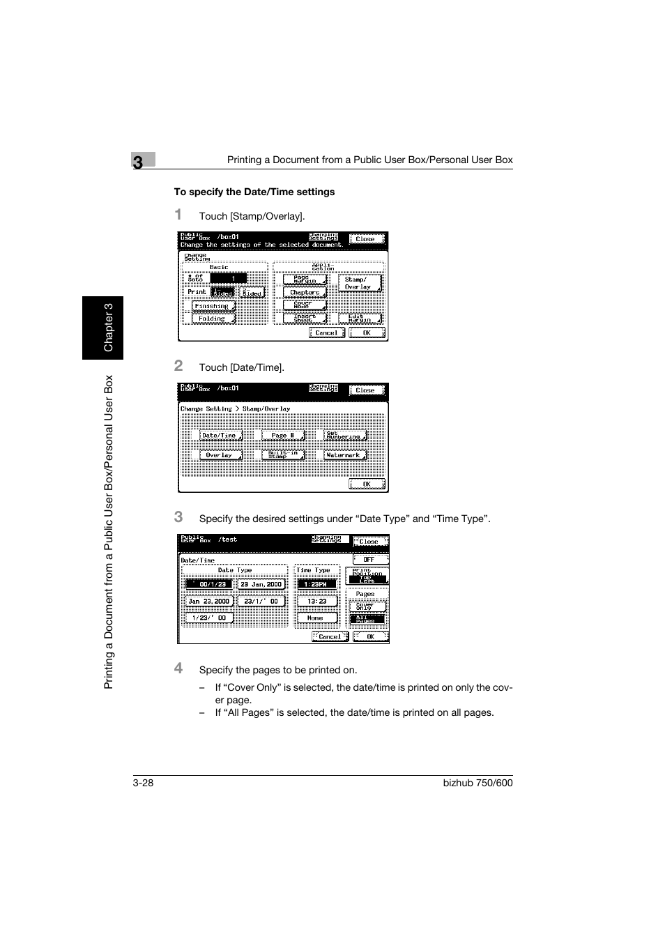 To specify the date/time settings, To specify the date/time settings -28 | Konica Minolta bizhub 750 User Manual | Page 67 / 218