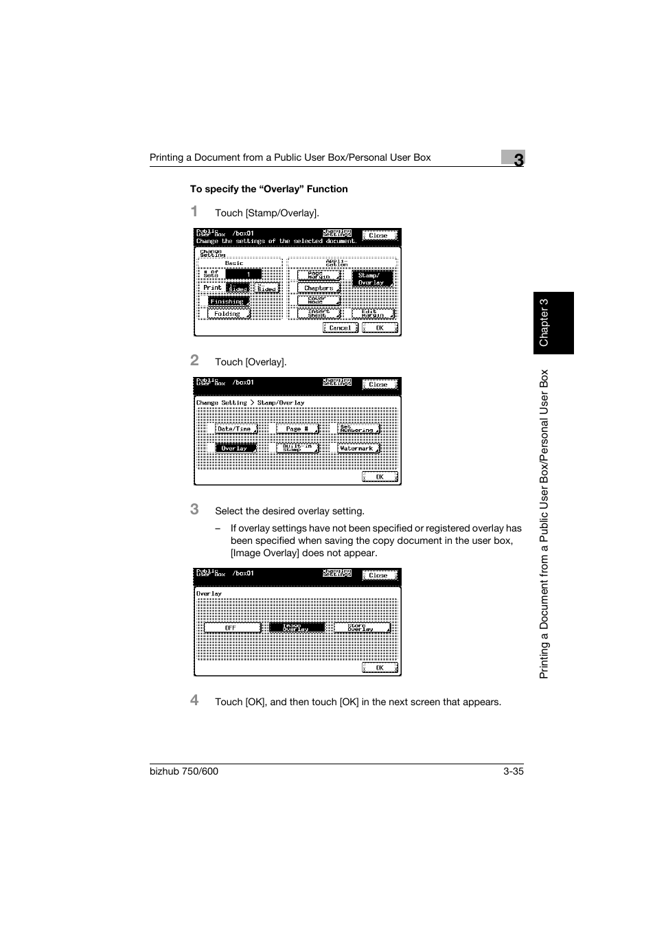 To specify the “overlay” function, To specify the “overlay” function -35 | Konica Minolta bizhub 750 User Manual | Page 74 / 218