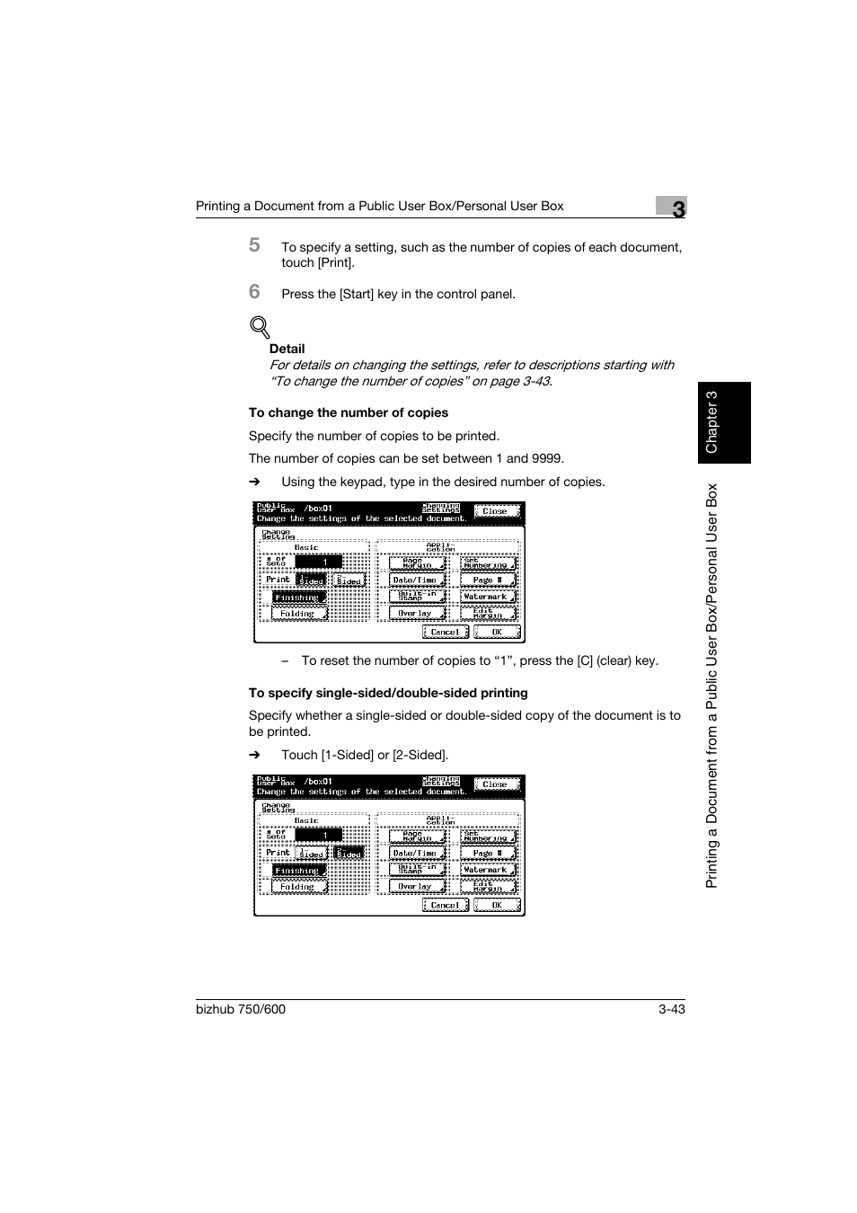 To change the number of copies, To specify single-sided/double-sided printing, P. 3-43 | Konica Minolta bizhub 750 User Manual | Page 82 / 218