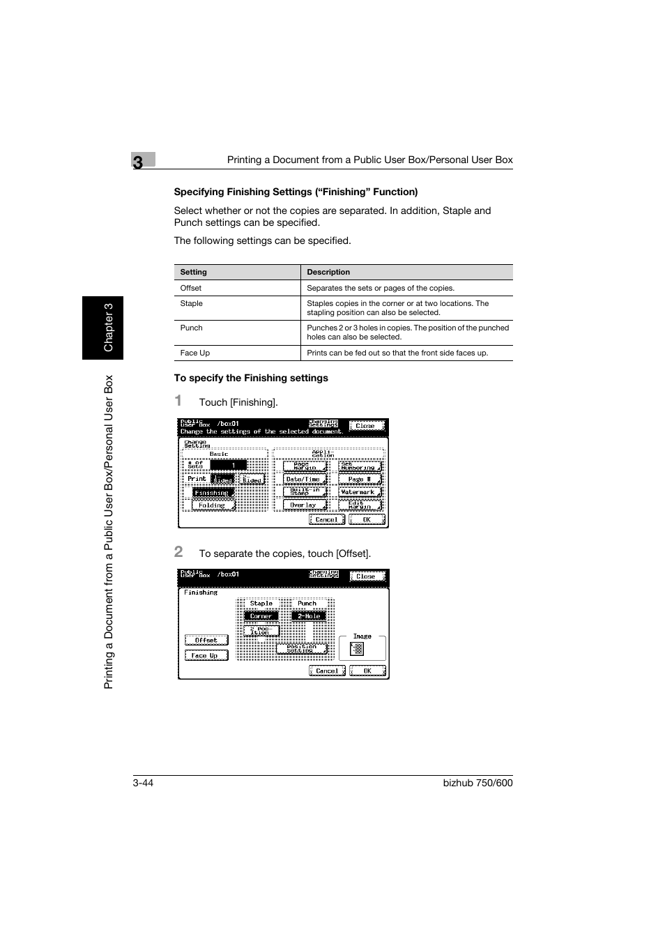 To specify the finishing settings, P. 3-44 | Konica Minolta bizhub 750 User Manual | Page 83 / 218