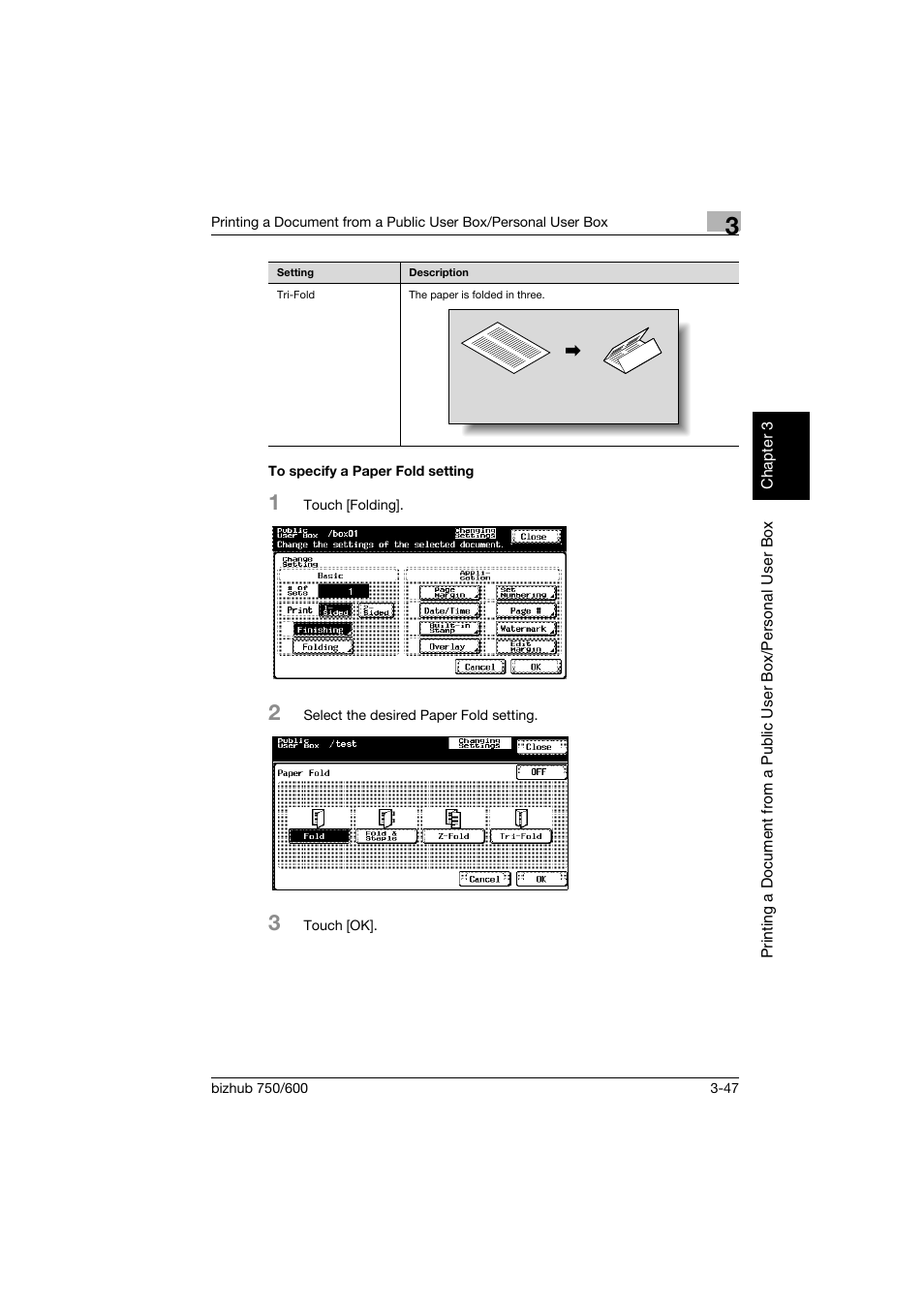 To specify a paper fold setting, To specify a paper fold setting -47 | Konica Minolta bizhub 750 User Manual | Page 86 / 218