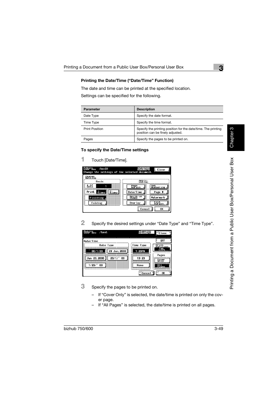 Printing the date/time (“date/time” function), To specify the date/time settings, P. 3-49 | Konica Minolta bizhub 750 User Manual | Page 88 / 218