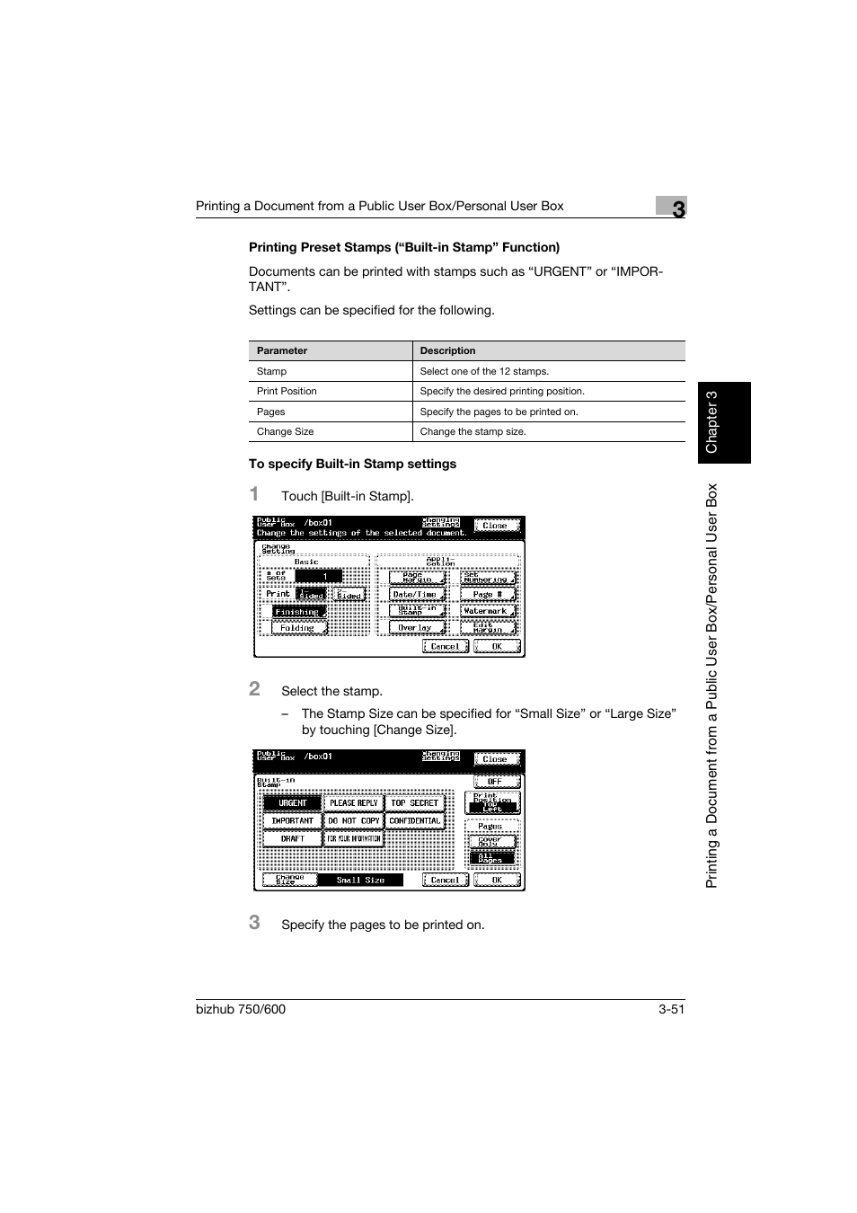 Printing preset stamps (“built-in stamp” function), To specify built-in stamp settings, P. 3-51 | Konica Minolta bizhub 750 User Manual | Page 90 / 218