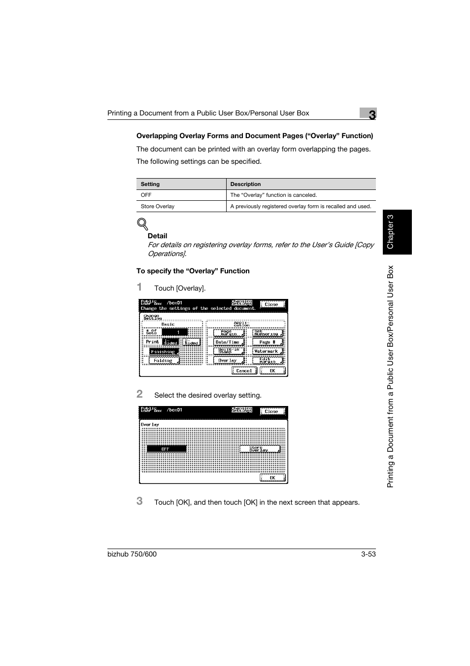 To specify the “overlay” function, P. 3-53 | Konica Minolta bizhub 750 User Manual | Page 92 / 218