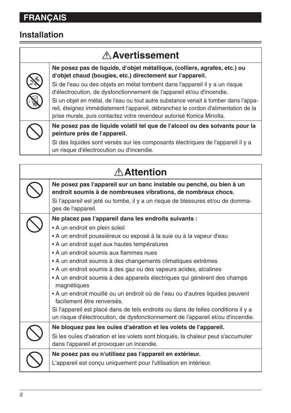 Avertissement, Attention, Français installation | Konica Minolta bizhub 25 User Manual | Page 12 / 28