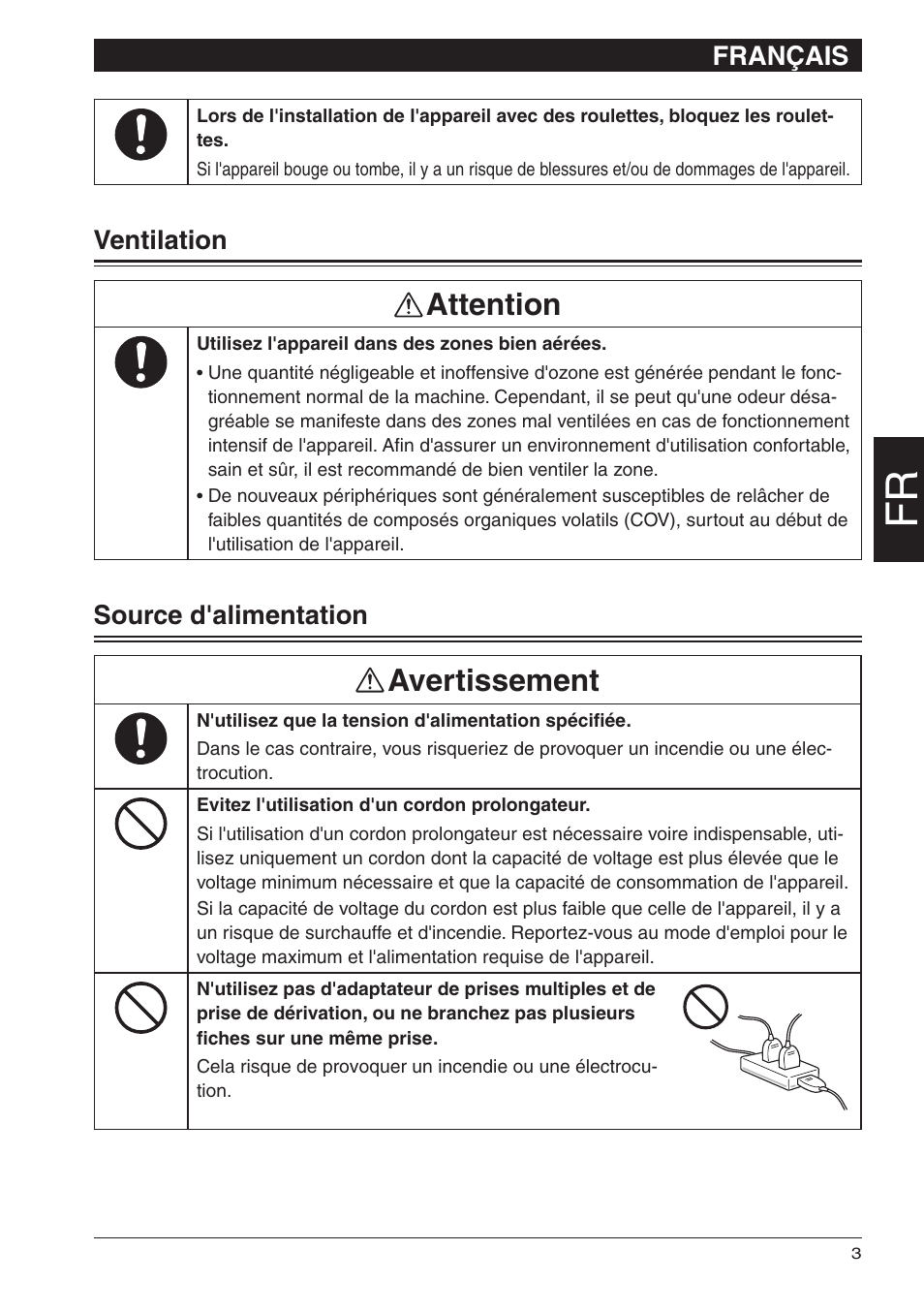Attention, Avertissement, Français | Ventilation, Source d'alimentation | Konica Minolta bizhub 25 User Manual | Page 13 / 28