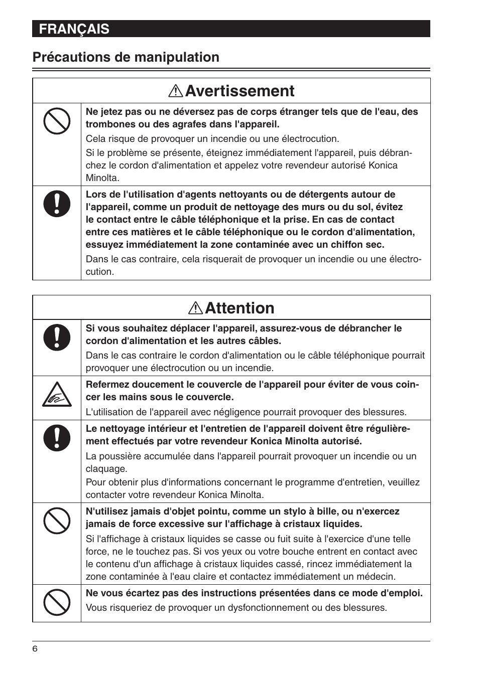 Avertissement, Attention | Konica Minolta bizhub 25 User Manual | Page 16 / 28