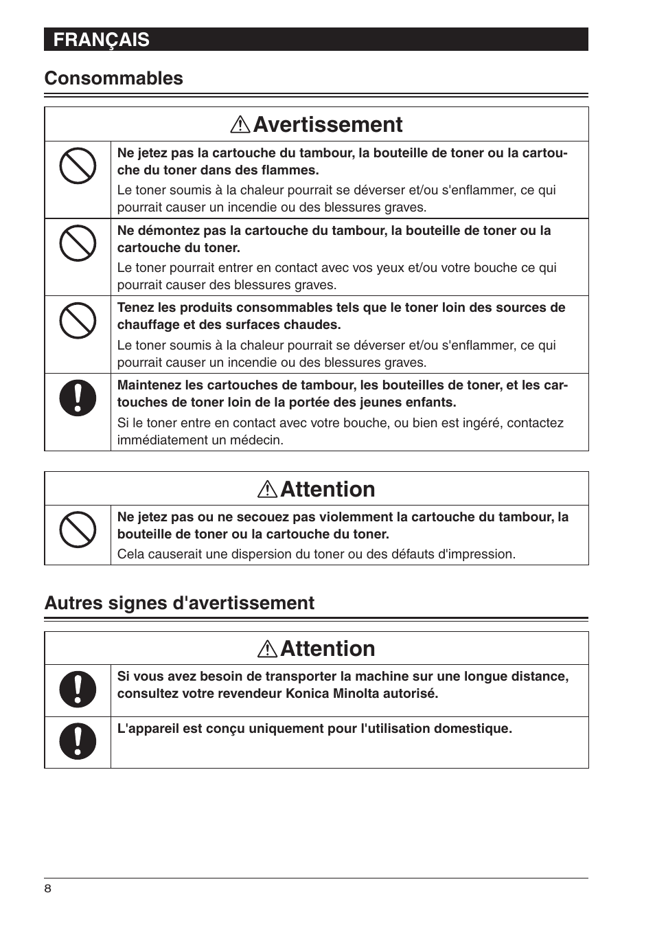 Avertissement, Attention | Konica Minolta bizhub 25 User Manual | Page 18 / 28