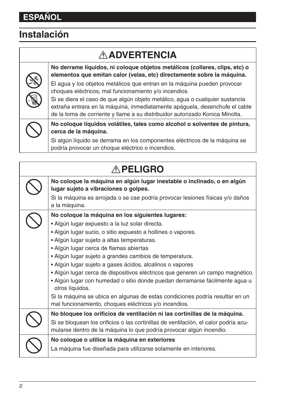 Instalación advertencia, Peligro, Español | Konica Minolta bizhub 25 User Manual | Page 20 / 28