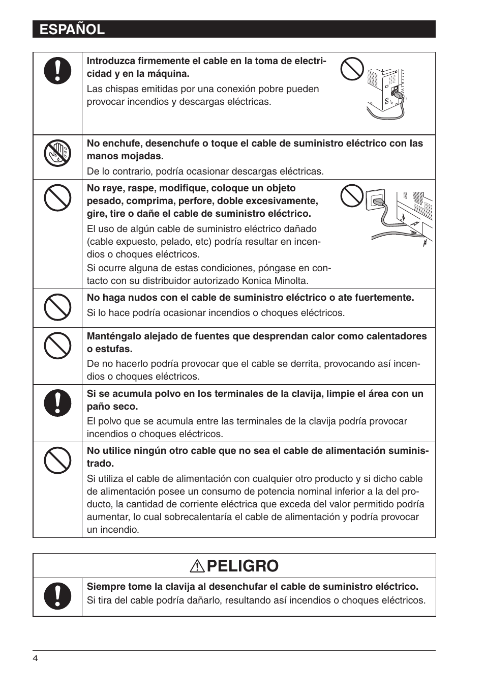 Peligro, Español | Konica Minolta bizhub 25 User Manual | Page 22 / 28