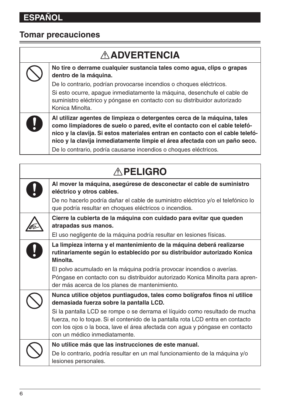 Advertencia, Peligro | Konica Minolta bizhub 25 User Manual | Page 24 / 28