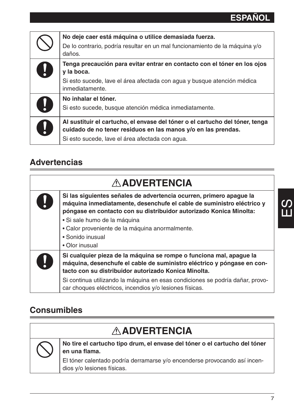 Advertencia, Español, Advertencias | Consumibles | Konica Minolta bizhub 25 User Manual | Page 25 / 28