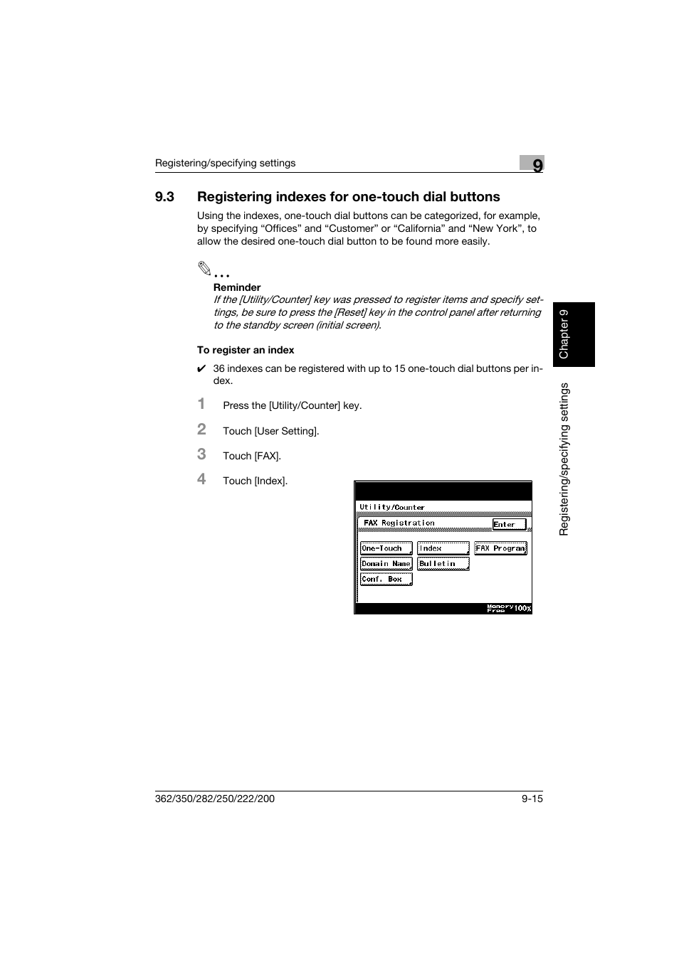 3 registering indexes for one-touch dial buttons, To register an index, Registering indexes for one-touch dial buttons -15 | To register an index -15 | Konica Minolta bizhub 222 User Manual | Page 162 / 366