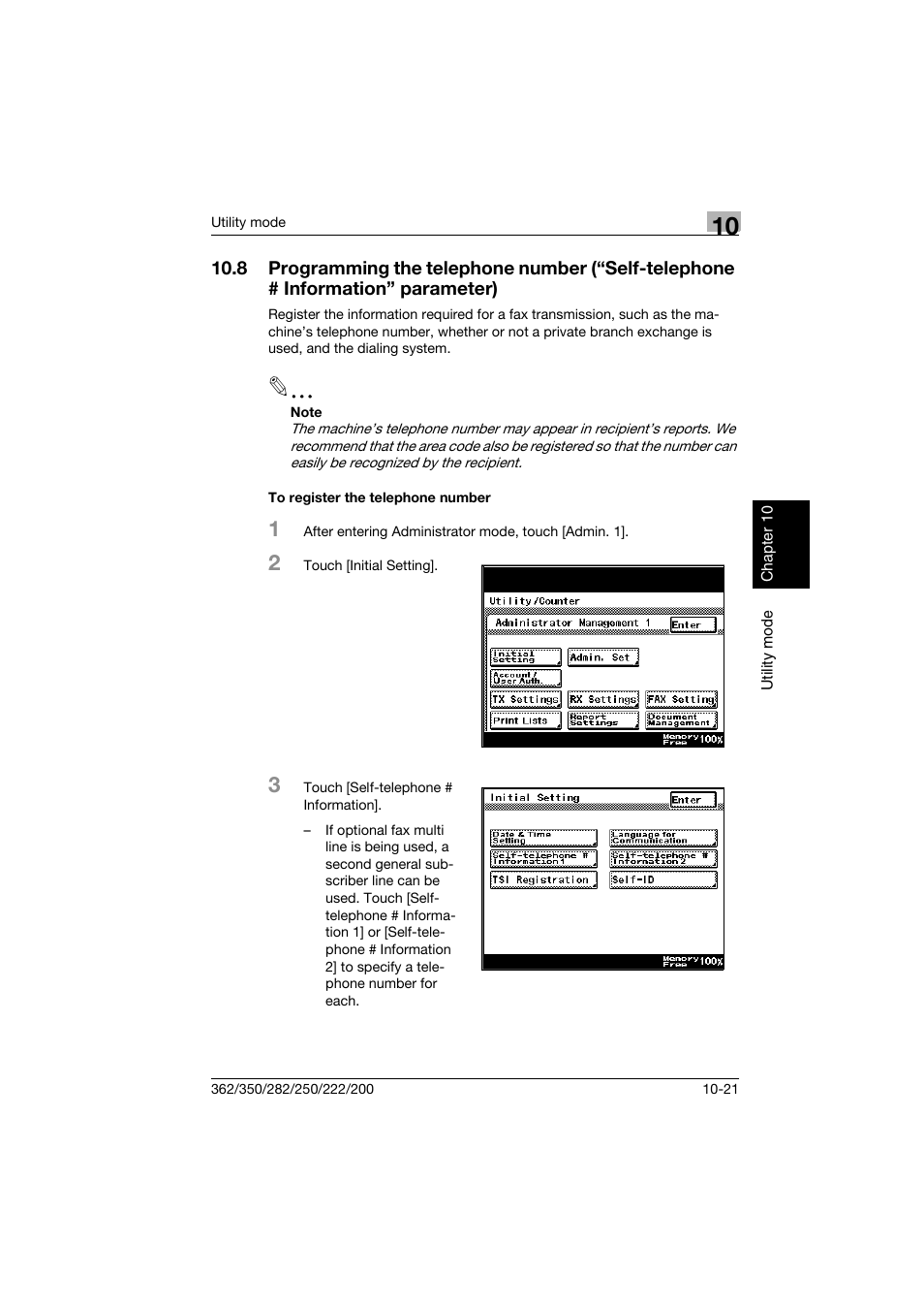 To register the telephone number, To register the telephone number -21, P. 10-21 | Konica Minolta bizhub 222 User Manual | Page 204 / 366