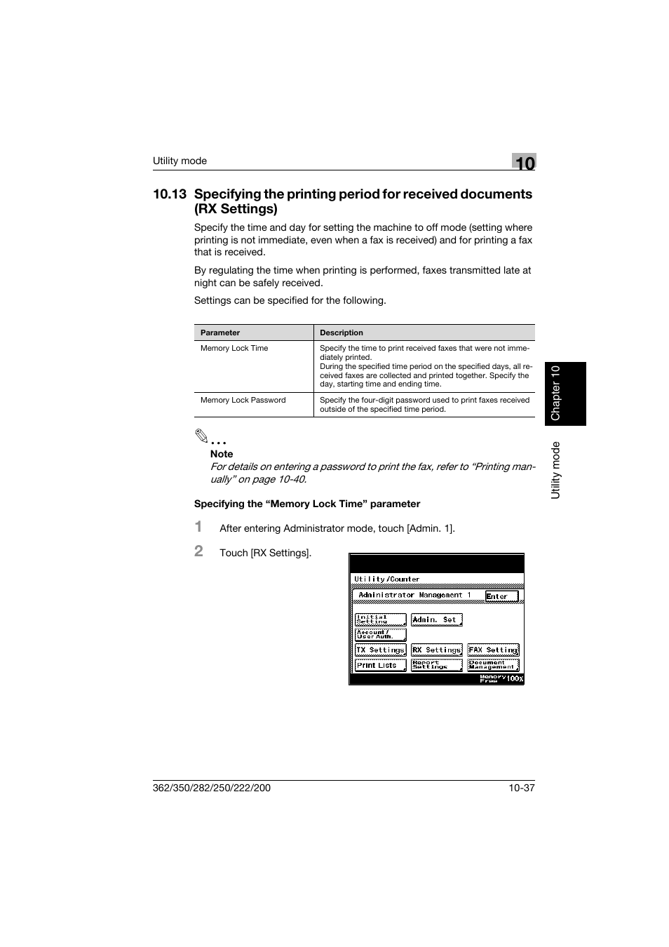 Specifying the “memory lock time” parameter, Rx settings) -37, Specifying the “memory lock time” parameter -37 | P. 10-37 | Konica Minolta bizhub 222 User Manual | Page 220 / 366